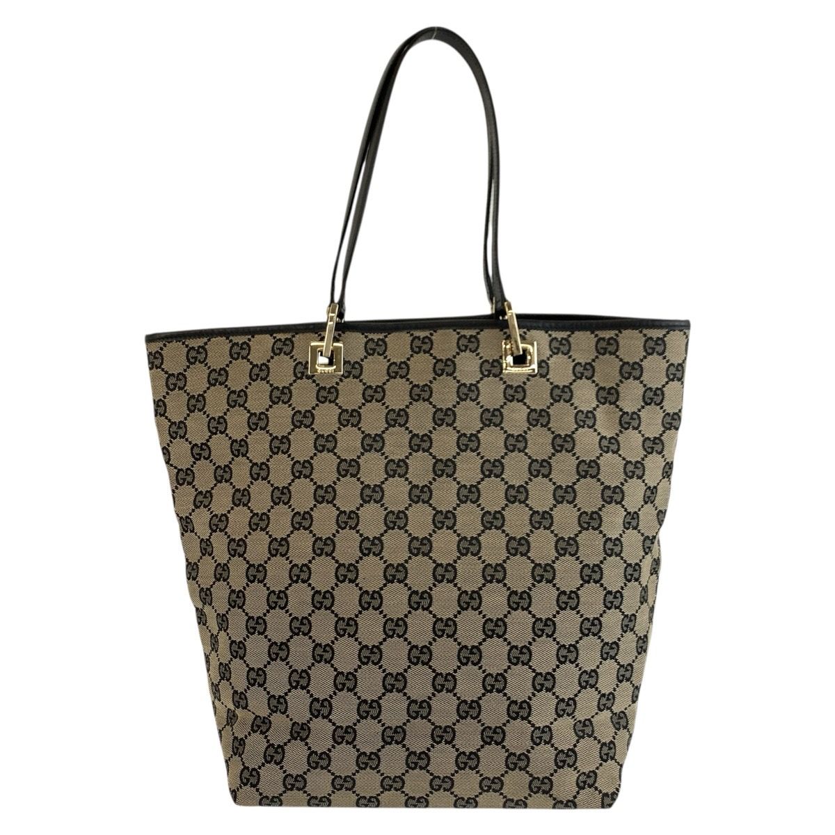 Gucci Black Beige Gold GG Canvas Leather Tote Shoulder Bag — view 2