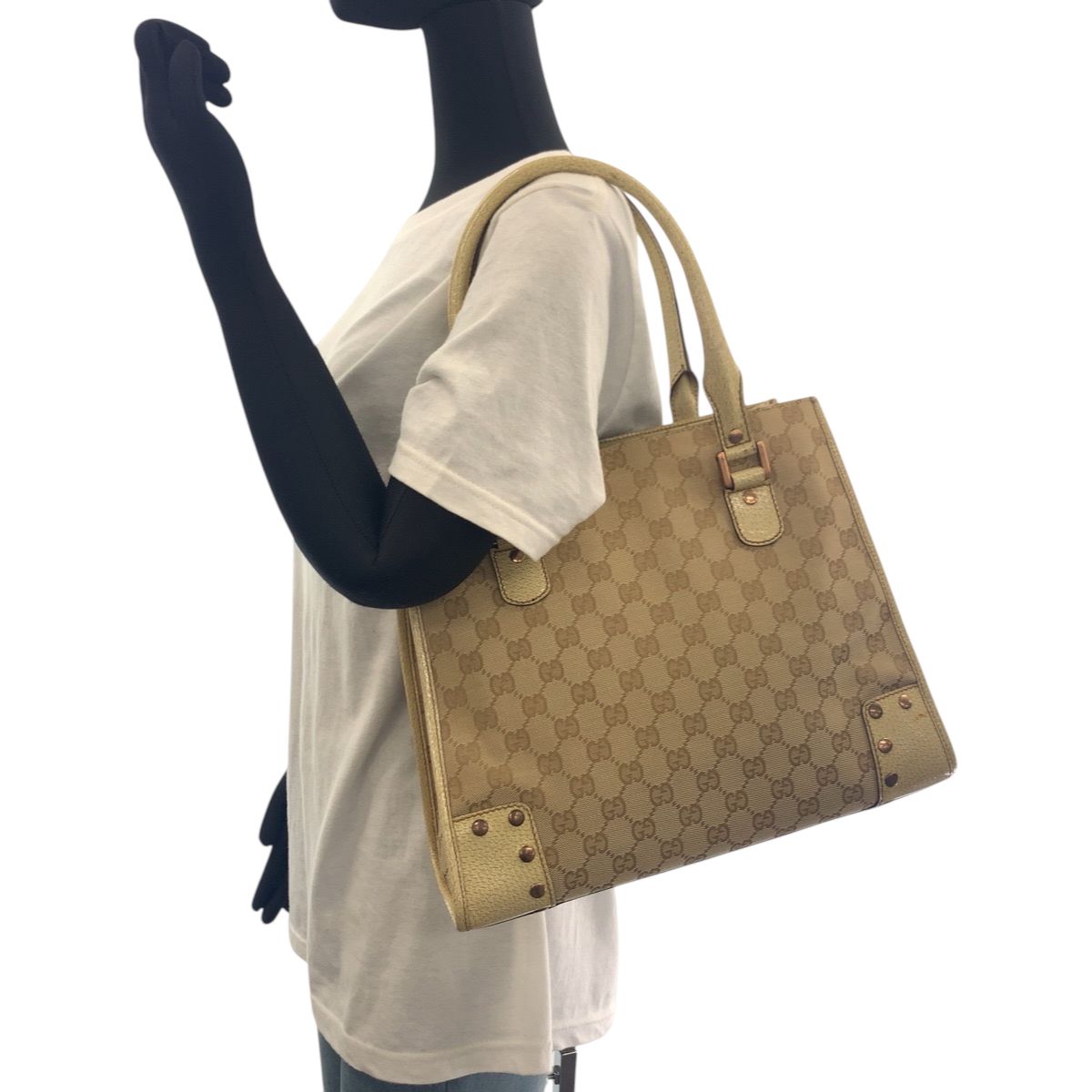 Gucci Studs Beige Ivory Gold GG Canvas Tote Shoulder Bag — view 7