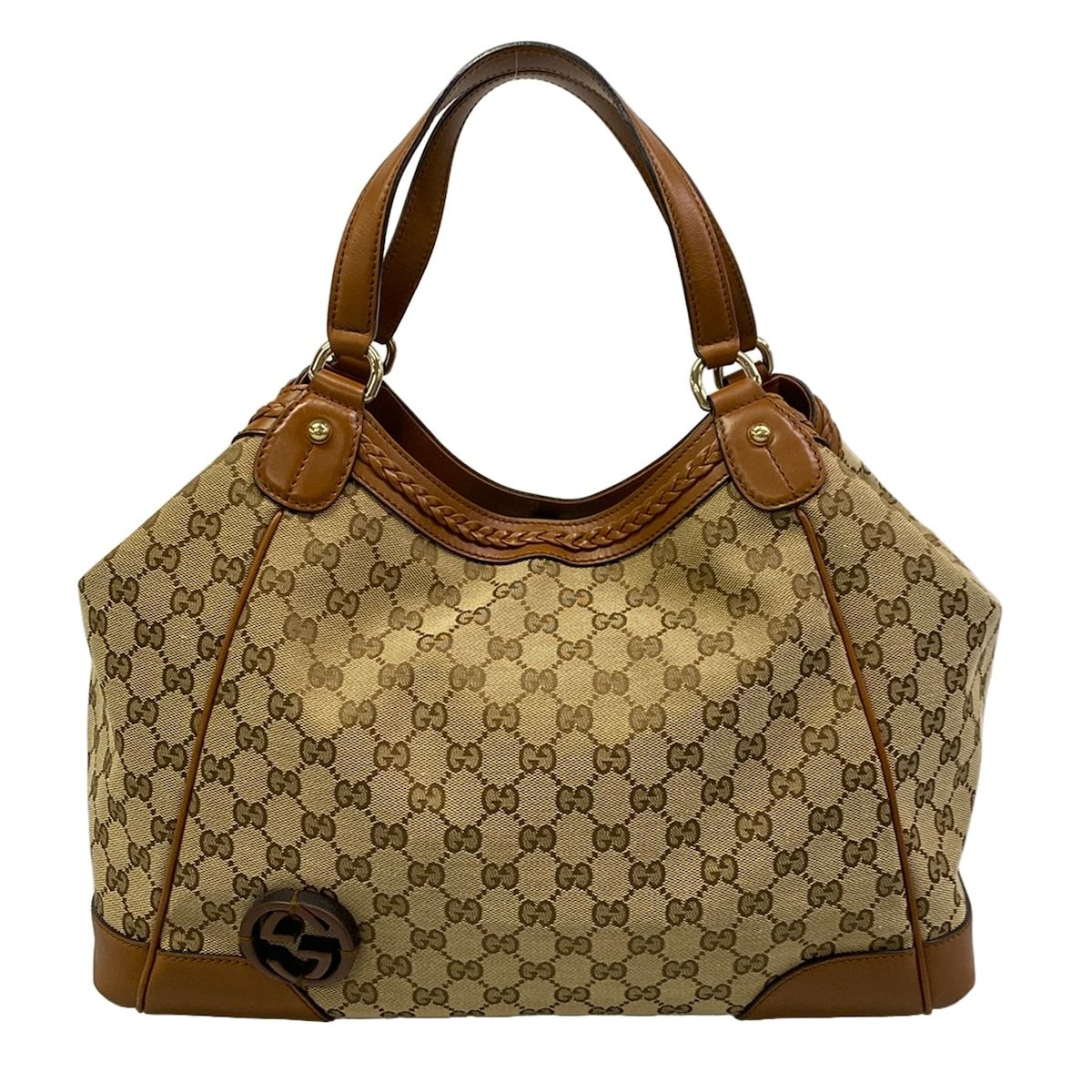 Gucci Tote Bag GG Pattern Beige Dark Brown Leather