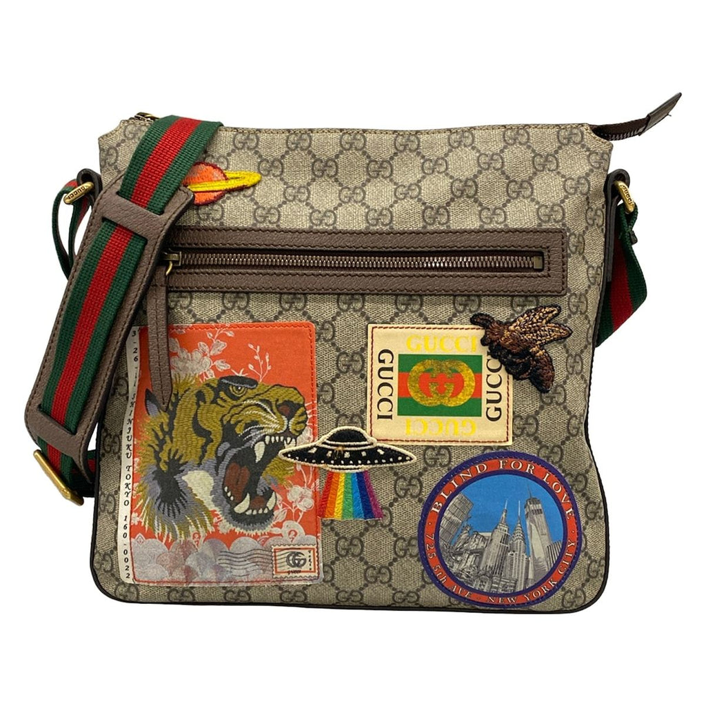 Gucci Shoulder Bag Courier GG Supreme Beige Dark Brown Multi Leather
