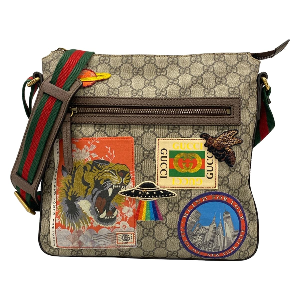 Gucci Shoulder Bag Courier GG Supreme Beige Dark Brown Multi Leather