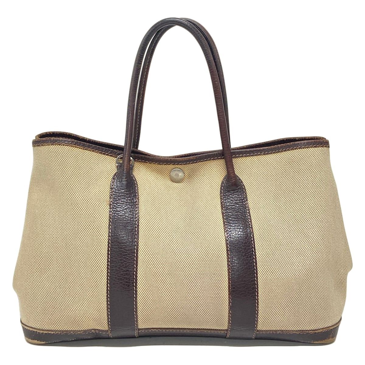 Hermes Tote Bag Garden Party TPM Ivory Dark Brown Silver Leather