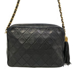 Chanel Shoulder Bag Quilted Black Gold Tassel Chain Lambskin — view 3