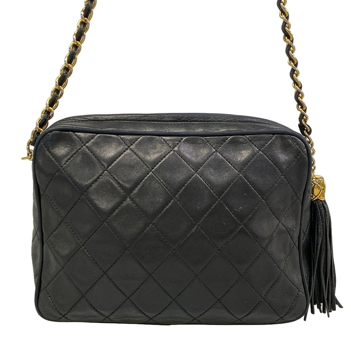 Chanel Shoulder Bag Quilted Black Gold Tassel Chain Lambskin — view 3