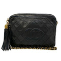 Chanel Shoulder Bag Quilted Black Gold Tassel Chain Lambskin
