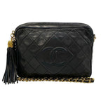 Chanel Shoulder Bag Quilted Black Gold Tassel Chain Lambskin