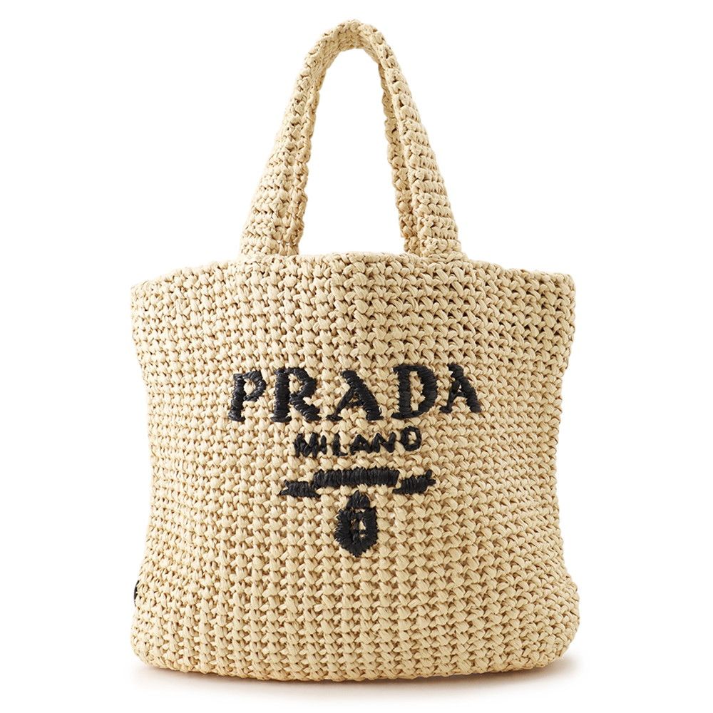 Prada Tote Bag Logo Crochet Small Raffia