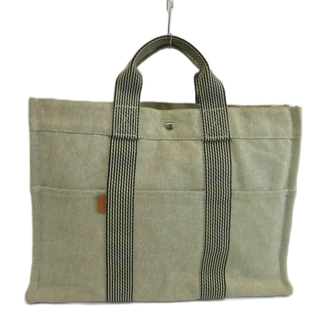 Hermes New Fourre Tout MM Tote Bag Canvas Stripe Light Gray Black