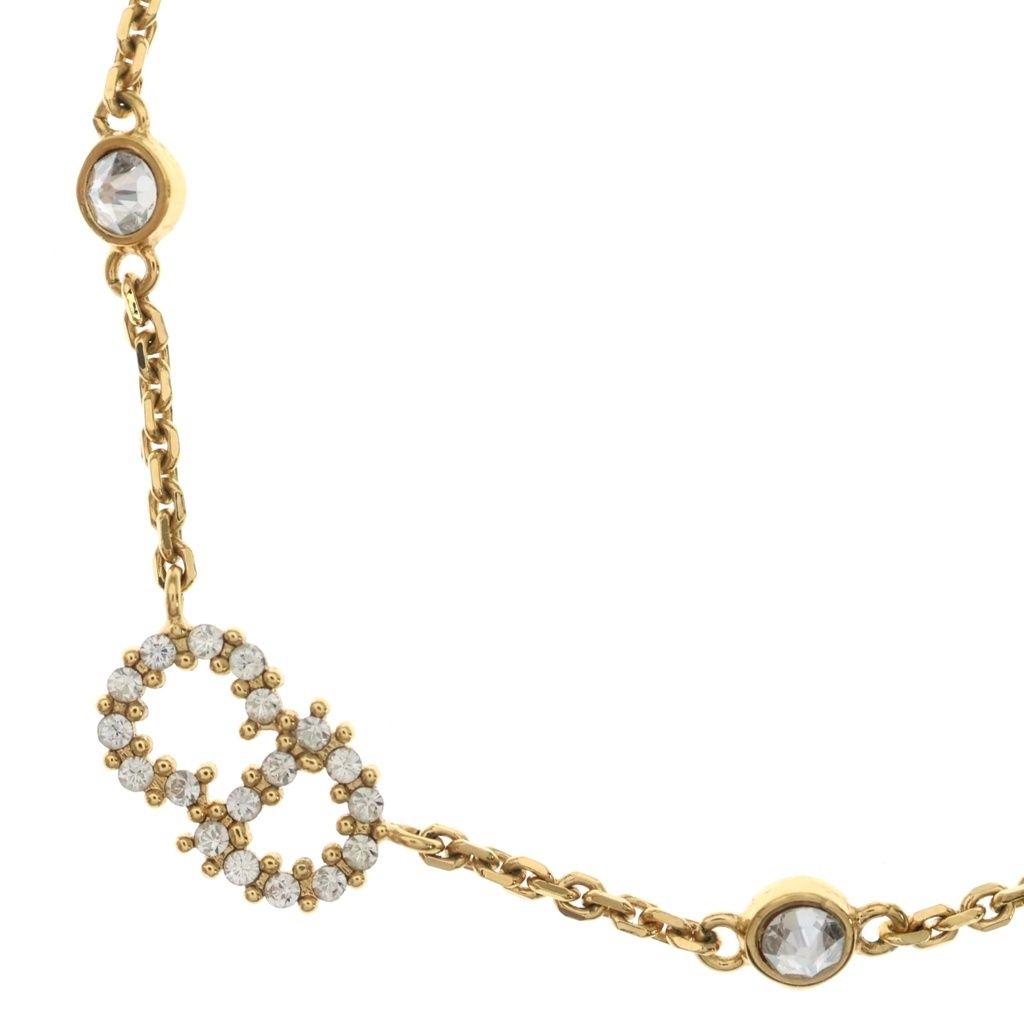 Dior CD Logo Rhinestone Faux Pearl Chain Necklace Gold