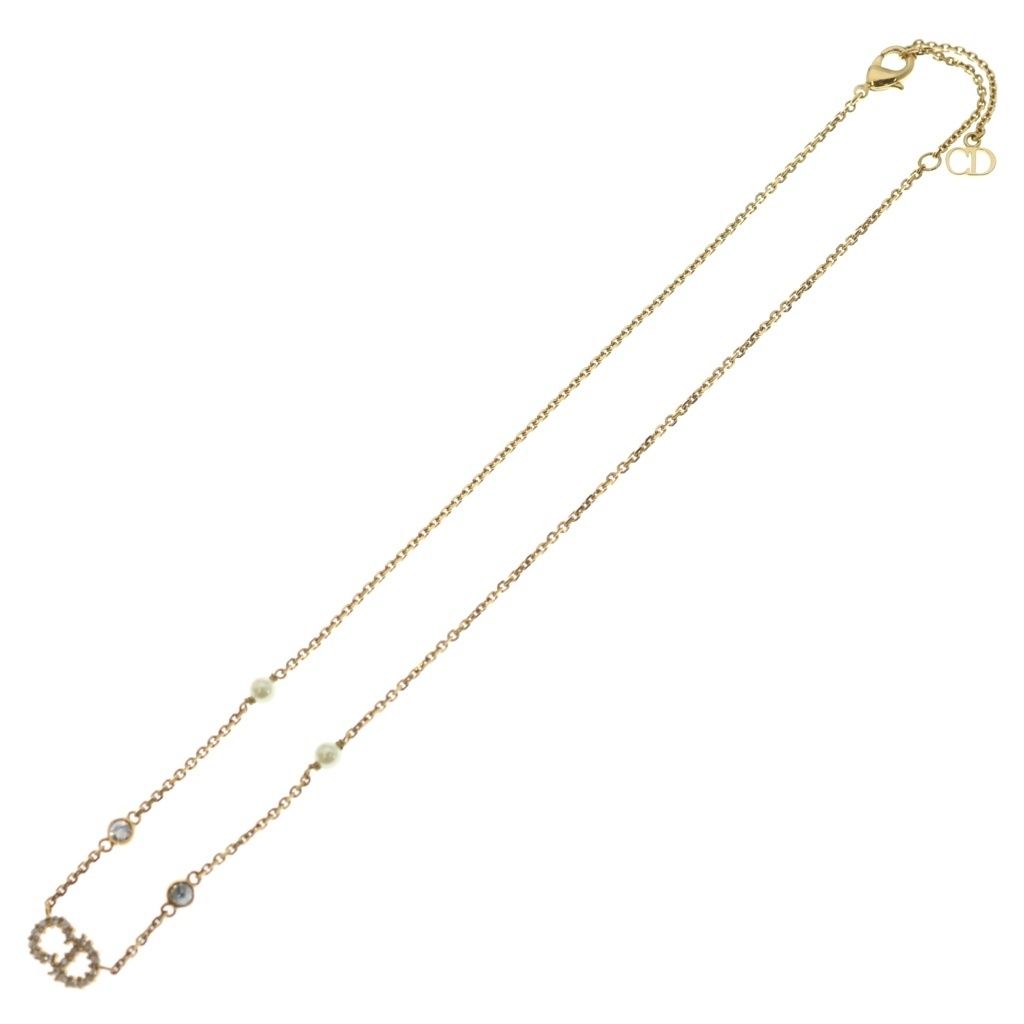 Dior CD Logo Rhinestone Faux Pearl Chain Necklace Gold — view 2