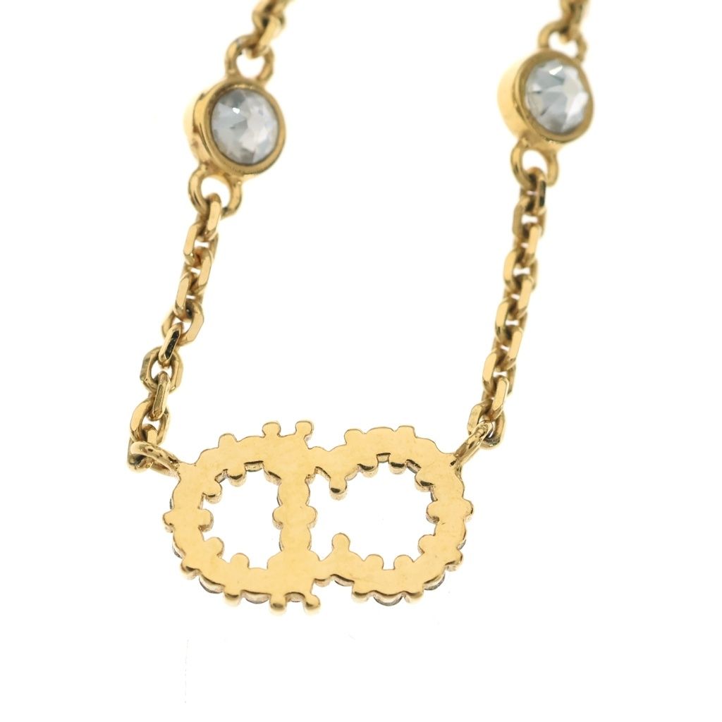 Dior CD Logo Rhinestone Faux Pearl Chain Necklace Gold — view 3