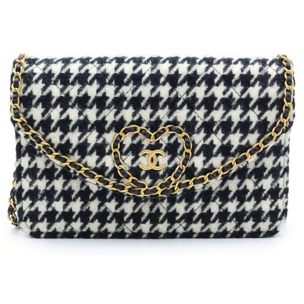 Chanel Wallet on Chain Heart Shoulder Bag Tweed Black White Houndstooth Gold