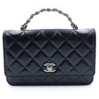 Chanel Quilted Chain Mini Shoulder Bag Black Lambskin Silver