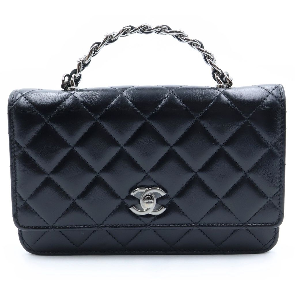 Chanel Quilted Chain Mini Shoulder Bag Black Lambskin Silver