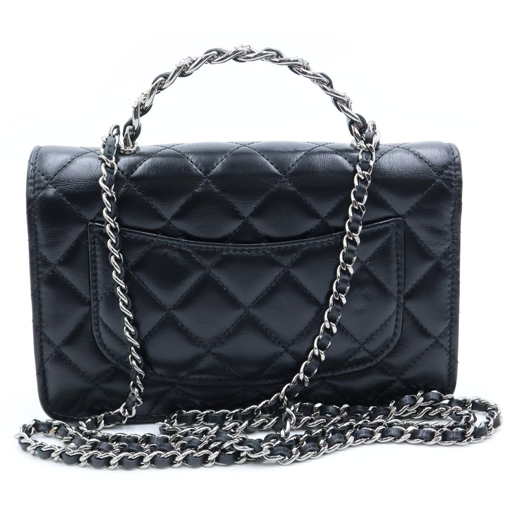 Chanel Quilted Chain Mini Shoulder Bag Black Lambskin Silver — view 2