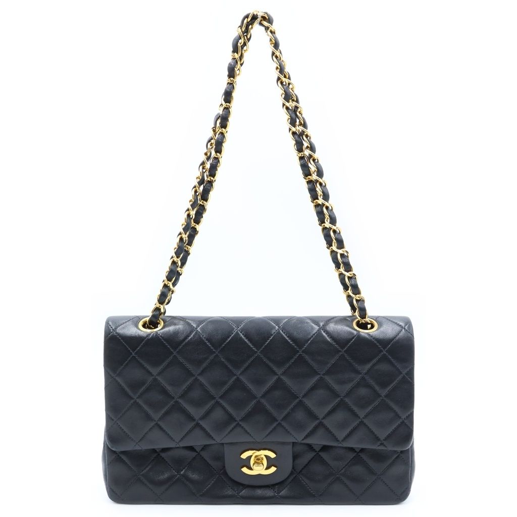 Chanel Quilted 25 Double Flap Chain Shoulder Bag Black Lambskin Gold