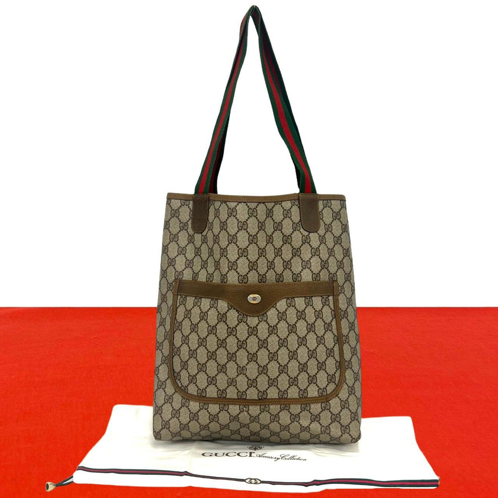 Gucci Vintage GG Pattern Logo Sherry Line Leather Tote Bag Brown