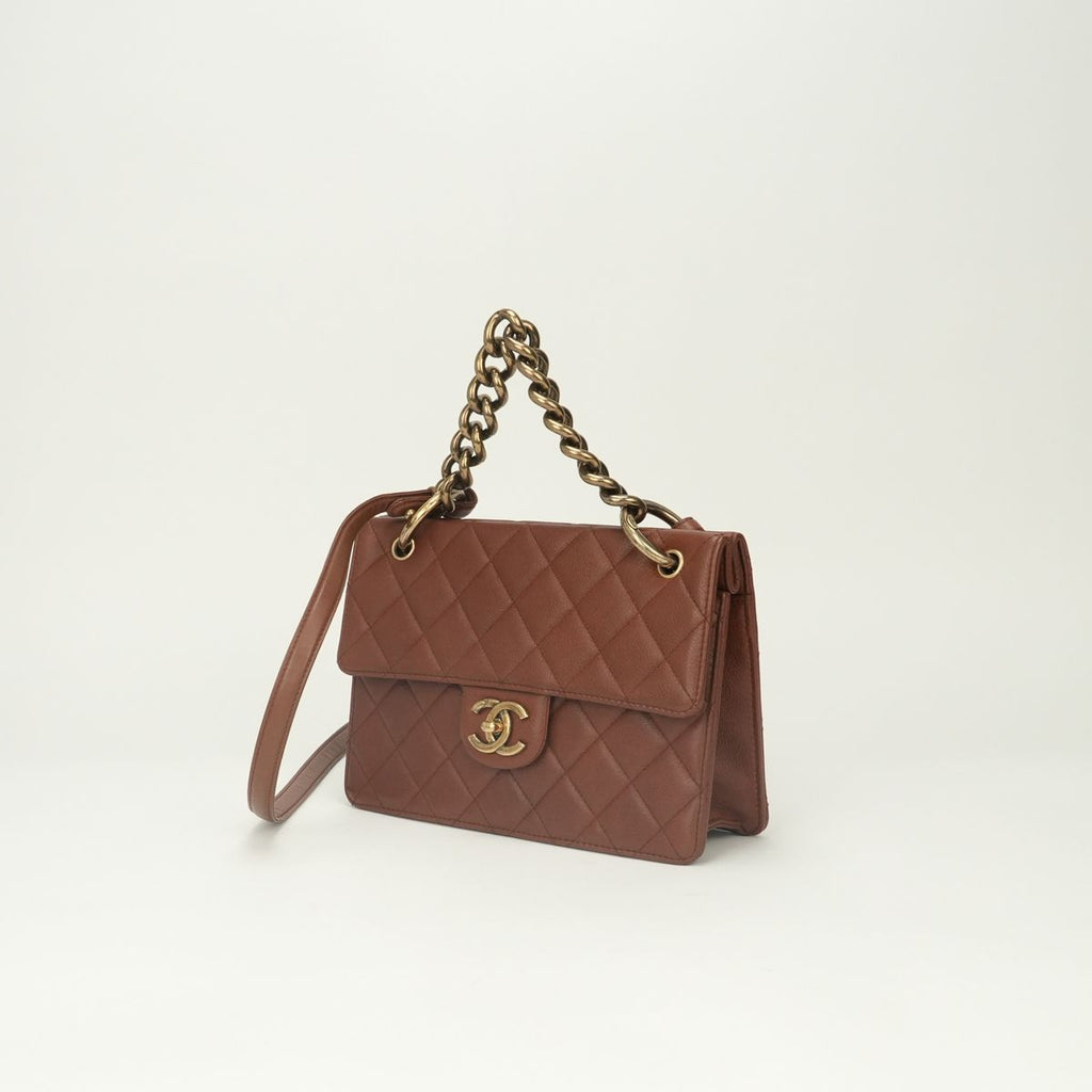 Chanel Quilted Tote Shoulder Bag Caviar Leather Brown Gold CC Logo Turnlock — view 2