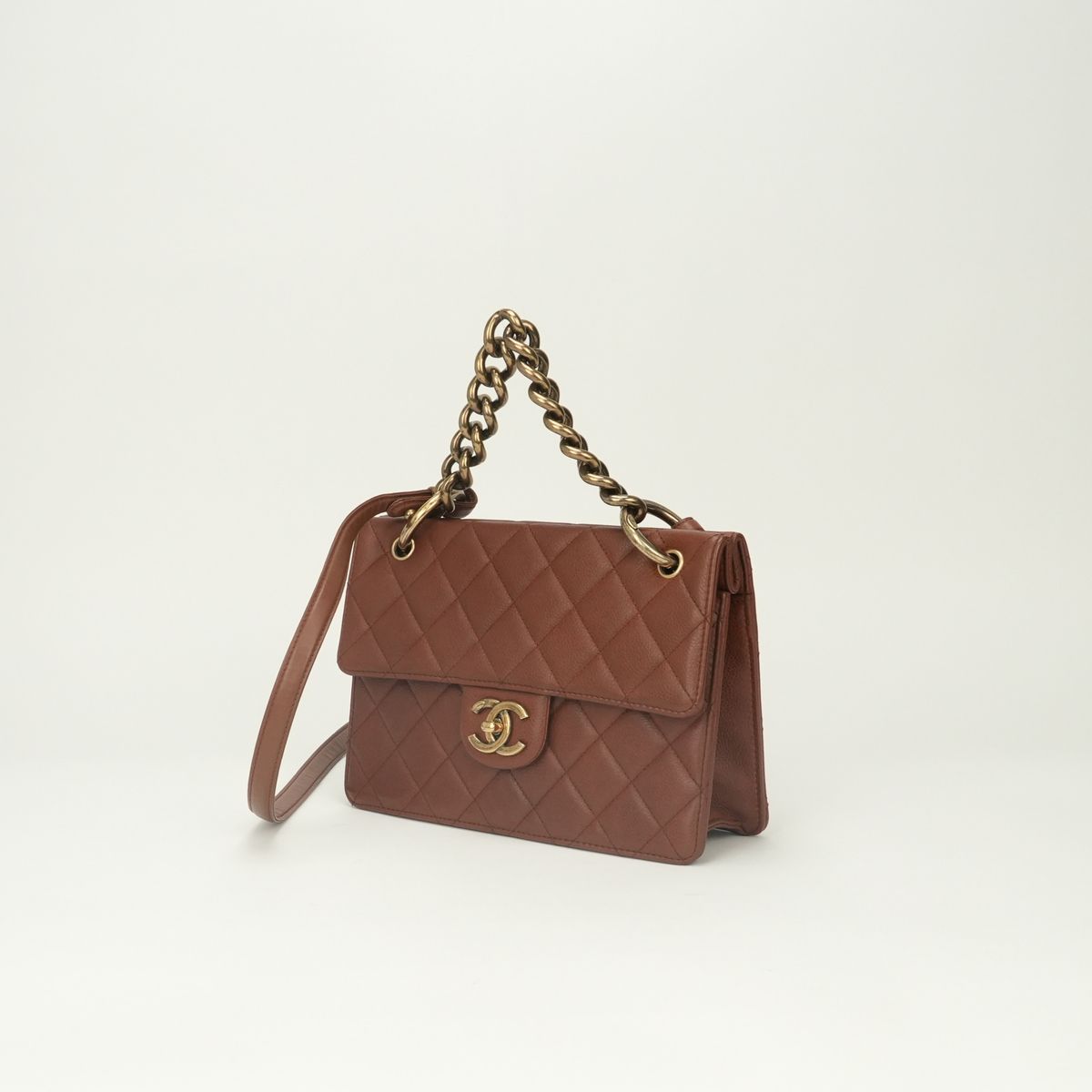Chanel Quilted Tote Shoulder Bag Caviar Leather Brown Gold CC Logo Turnlock — view 2