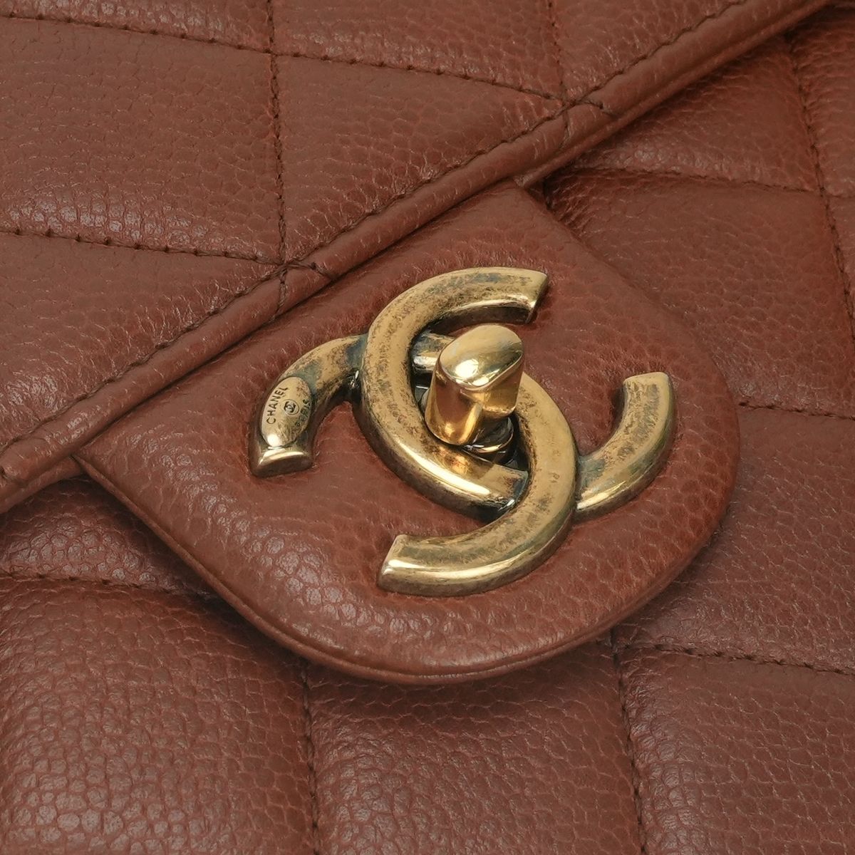 Chanel Quilted Tote Shoulder Bag Caviar Leather Brown Gold CC Logo Turnlock — view 7