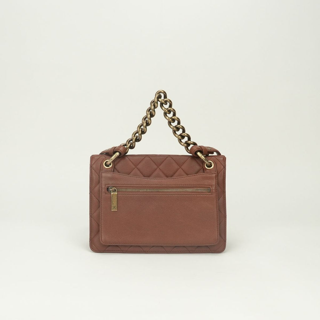 Chanel Quilted Tote Shoulder Bag Caviar Leather Brown Gold CC Logo Turnlock — view 3