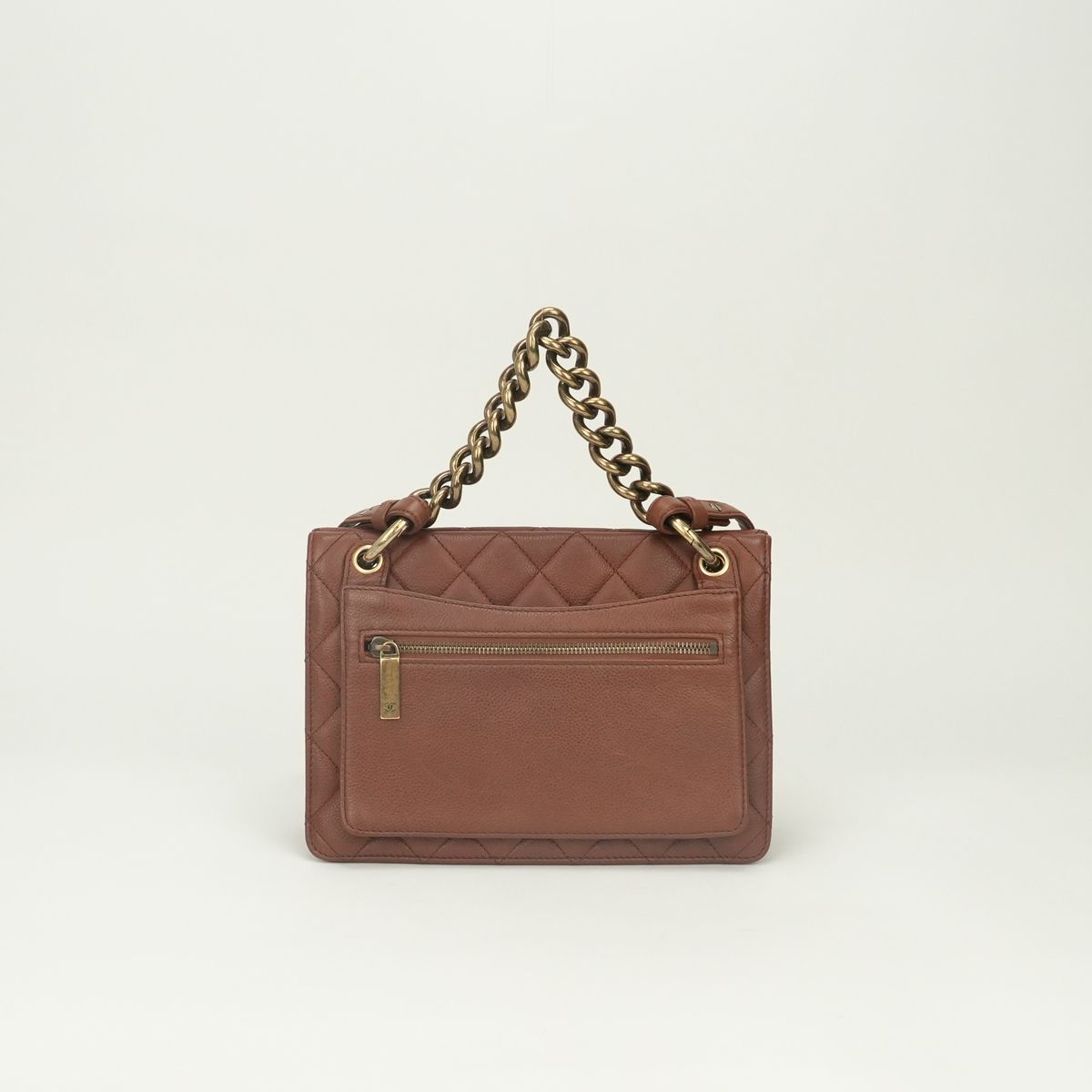 Chanel Quilted Tote Shoulder Bag Caviar Leather Brown Gold CC Logo Turnlock — view 3