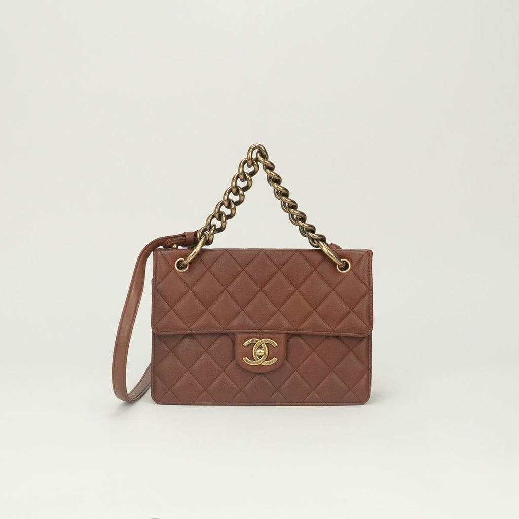 Chanel Quilted Tote Shoulder Bag Caviar Leather Brown Gold CC Logo Turnlock