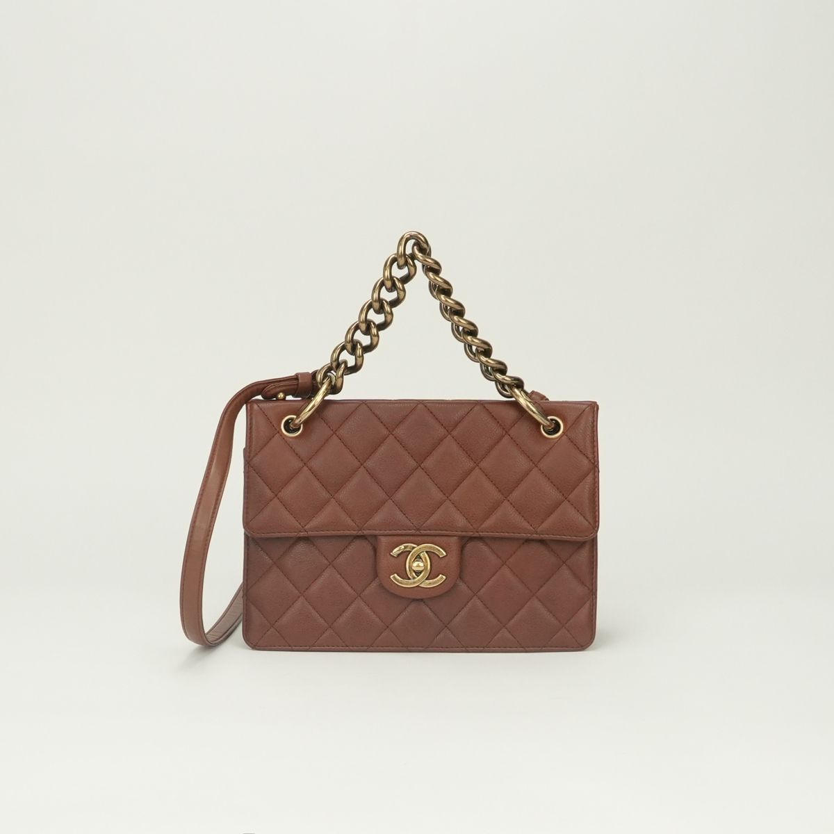 Chanel Quilted Tote Shoulder Bag Caviar Leather Brown Gold CC Logo Turnlock