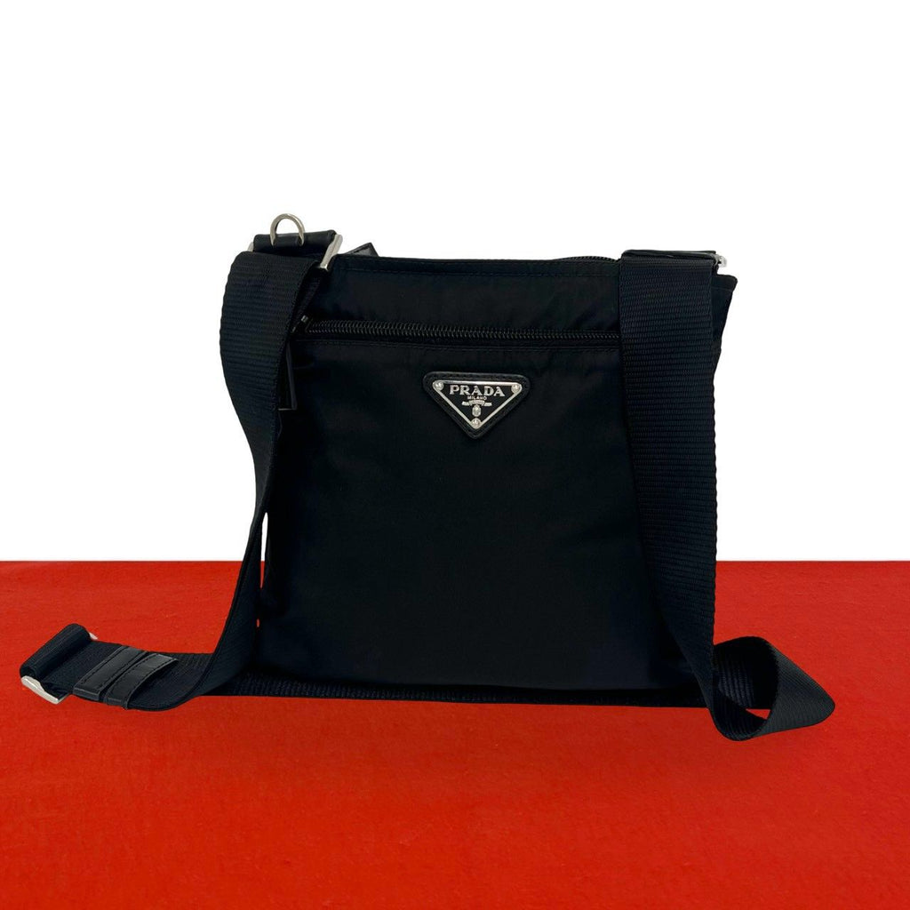 Prada Triangle Logo Tessuto Pocono Nylon Leather Shoulder Bag Crossbody Black
