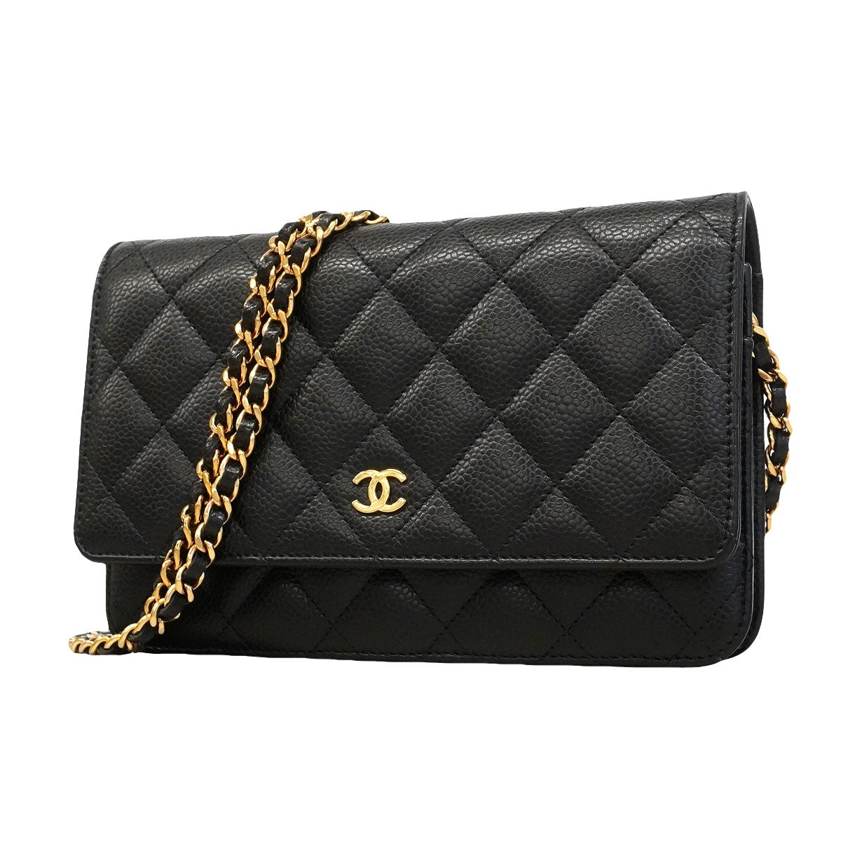 Chanel Wallet on Chain Quilted Caviar Leather Black Gold Shoulder Bag