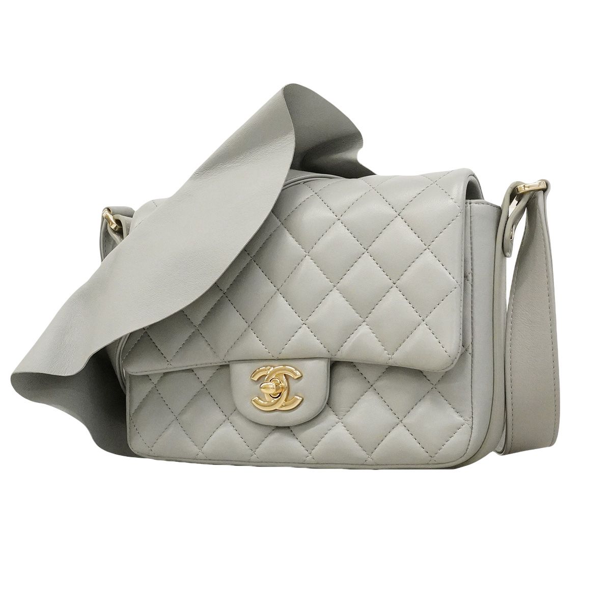 Chanel Shoulder Bag Quilted Lambskin Gray Champagne Gold
