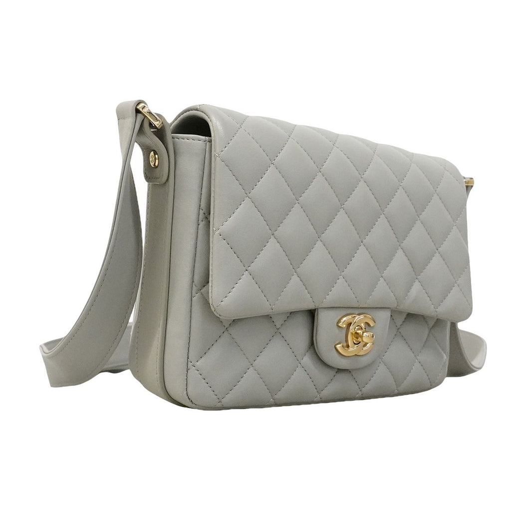 Chanel Shoulder Bag Quilted Lambskin Gray Champagne Gold — view 2