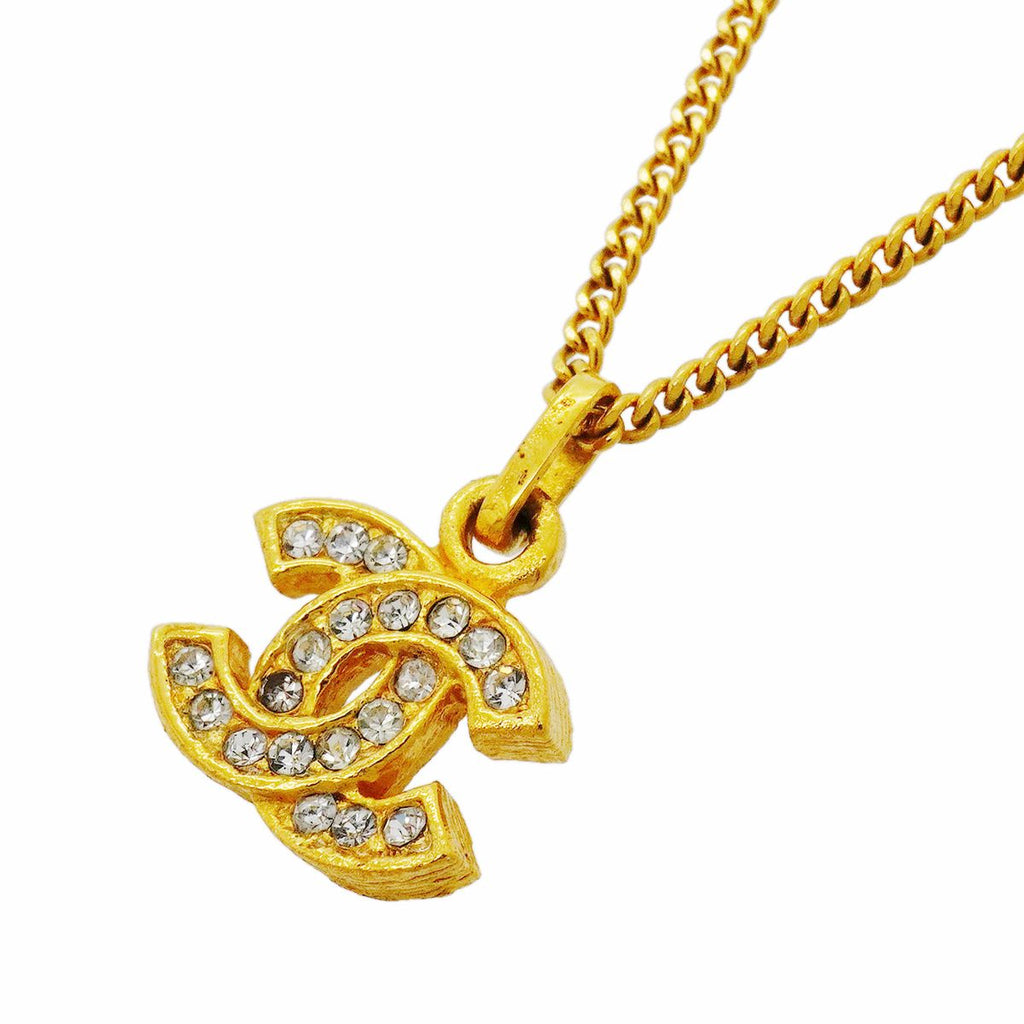 Chanel Necklace Vintage CC Logo Gold Plated Rhinestone
