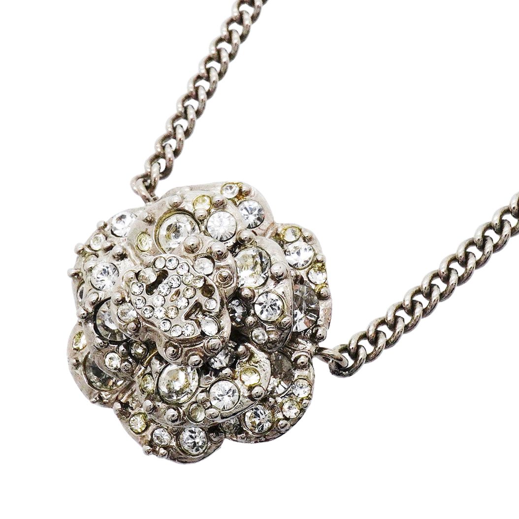 Chanel Necklace CC Logo Camellia Metal Rhinestone Silver