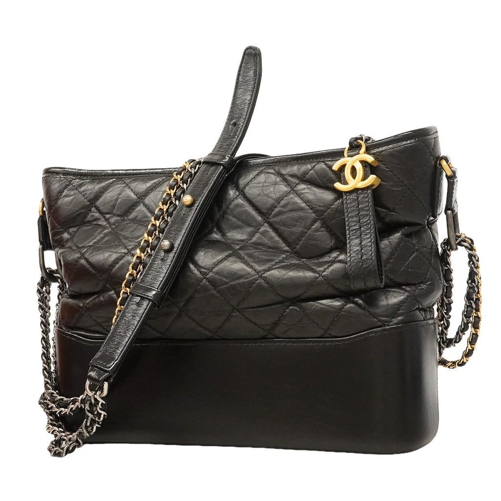 Chanel Shoulder Bag Gabrielle Leather Black Gold Silver