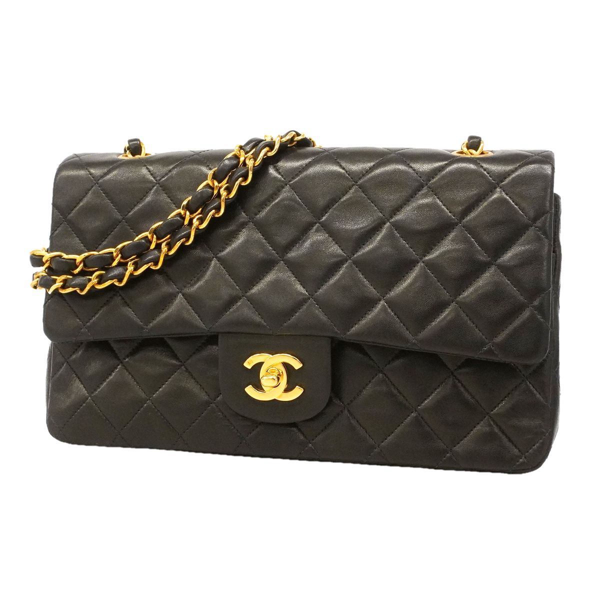 Chanel Shoulder Bag Quilted Lambskin Black Gold