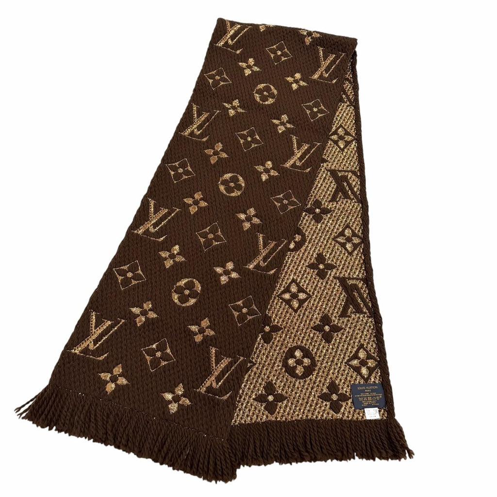 Louis Vuitton Logomania Scarf Shine Wool Silk Blend Brown Fringe — view 3