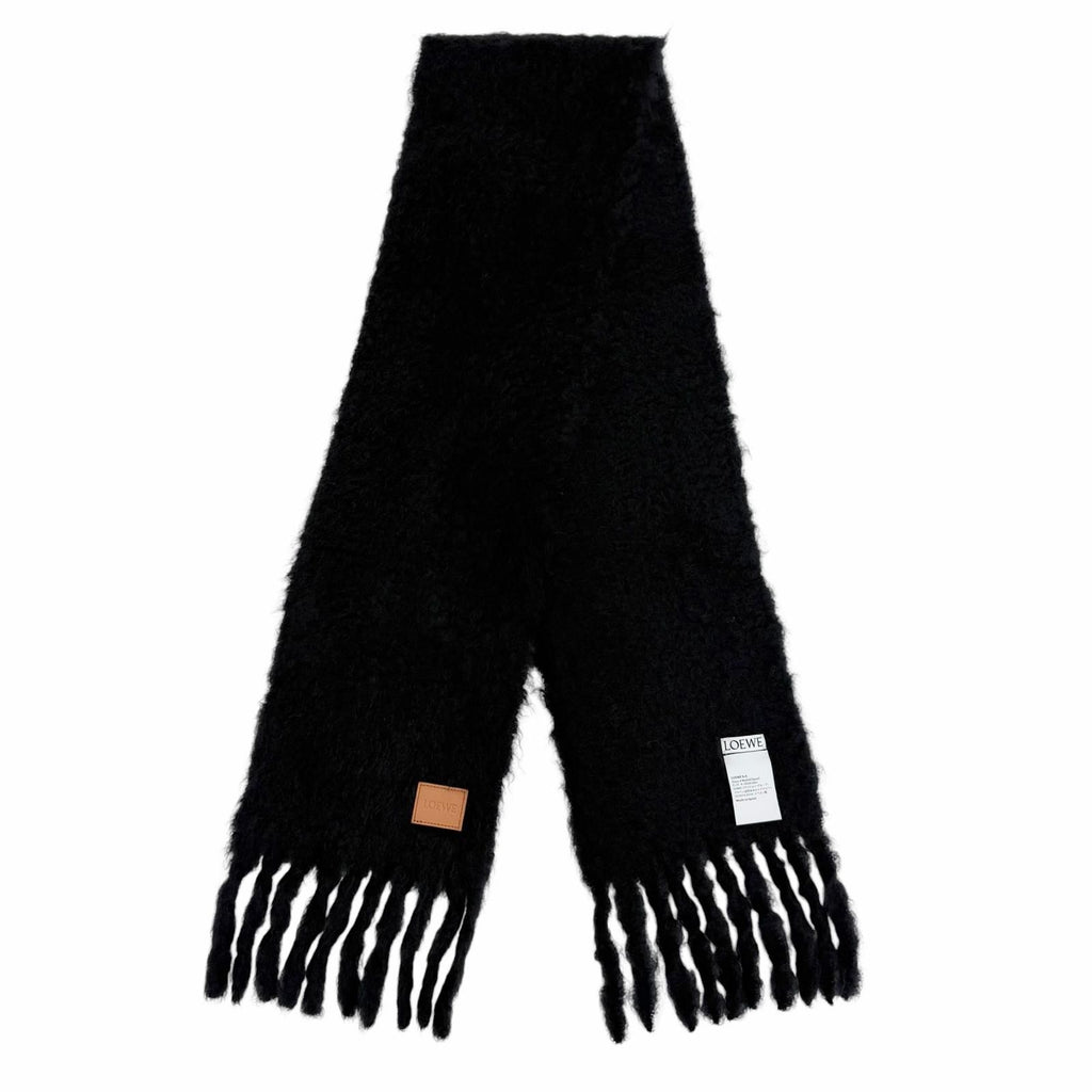 Loewe Mohair Wool Logo Leather Patch Fringe Scarf Dark Navy — view 3