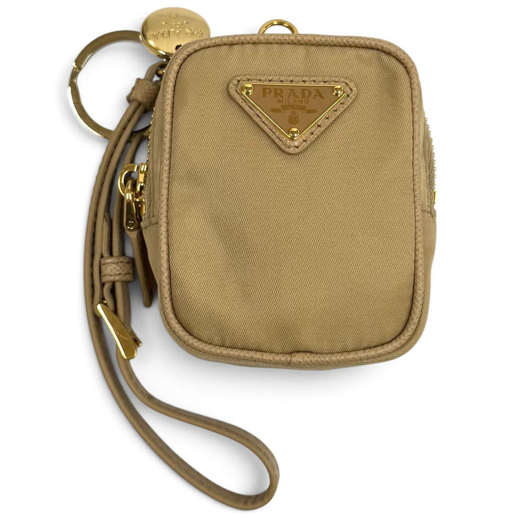 Prada Triangle Logo Mini Pouch Beige with Wristlet