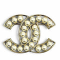 Chanel CC Logo Faux Pearl Brooch White Gold