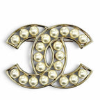 Chanel CC Logo Faux Pearl Brooch White Gold