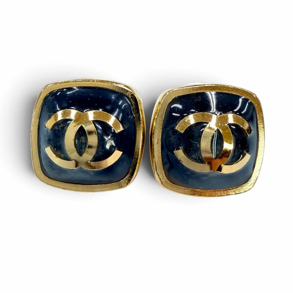 Chanel Metal CC Logo Square Earrings Gold Gray