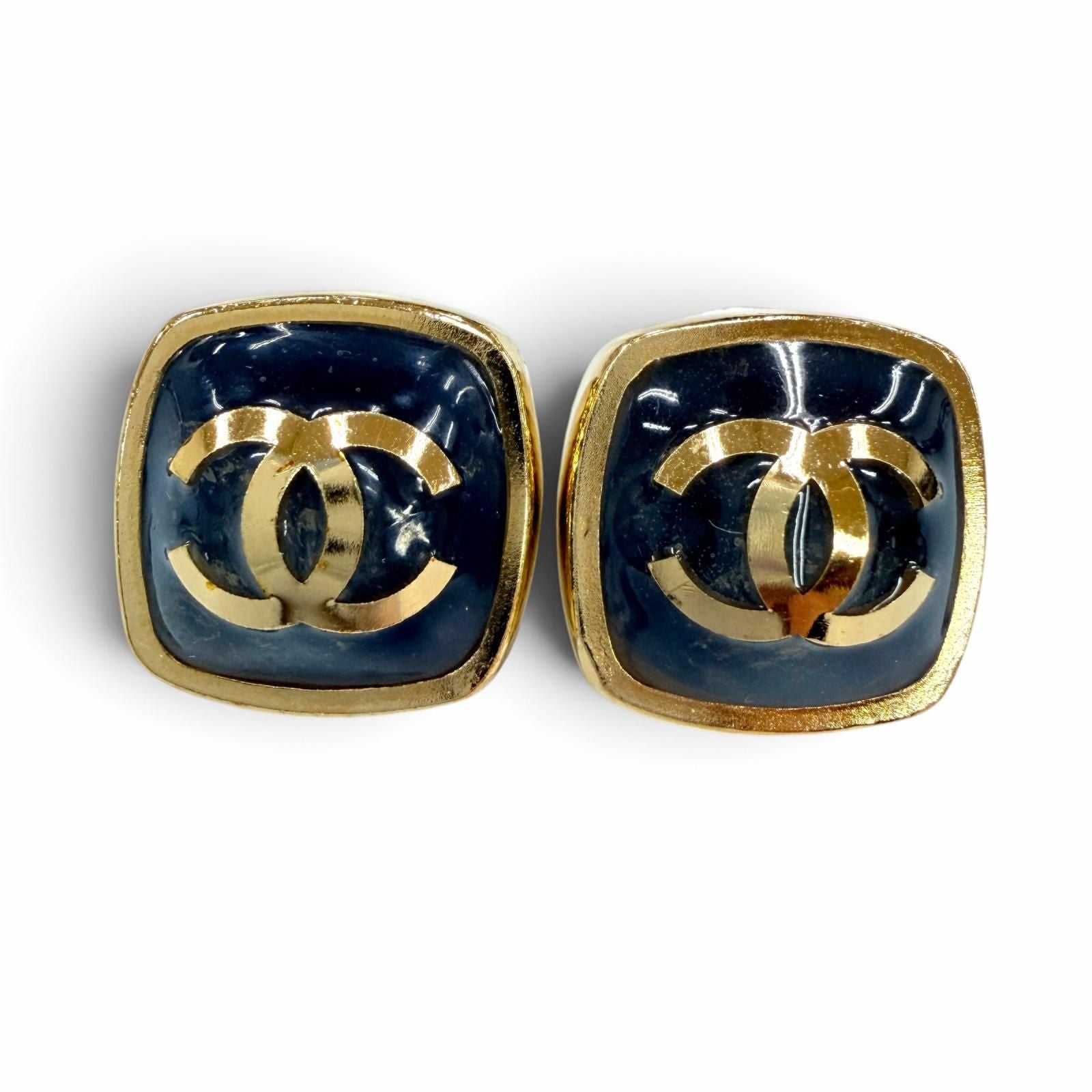 Chanel Metal CC Logo Square Earrings Gold Gray