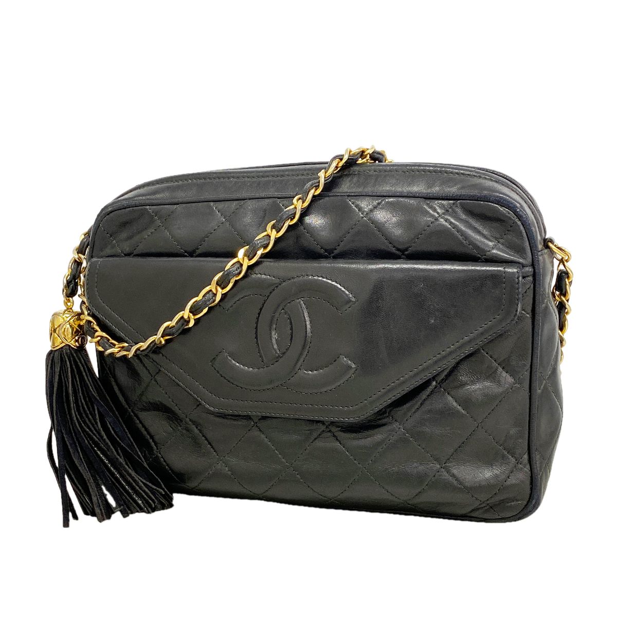 Chanel Shoulder Bag Quilted Lambskin Black Gold