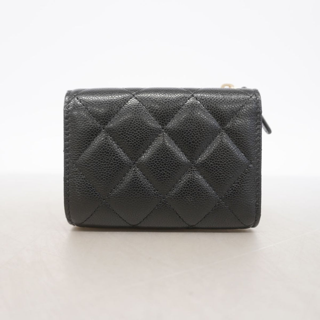 Chanel Trifold Wallet Quilted Caviar Leather Black Champagne Gold — view 6
