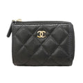 Chanel Trifold Wallet Quilted Caviar Leather Black Champagne Gold