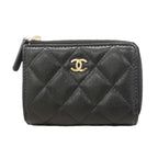 Chanel Trifold Wallet Quilted Caviar Leather Black Champagne Gold