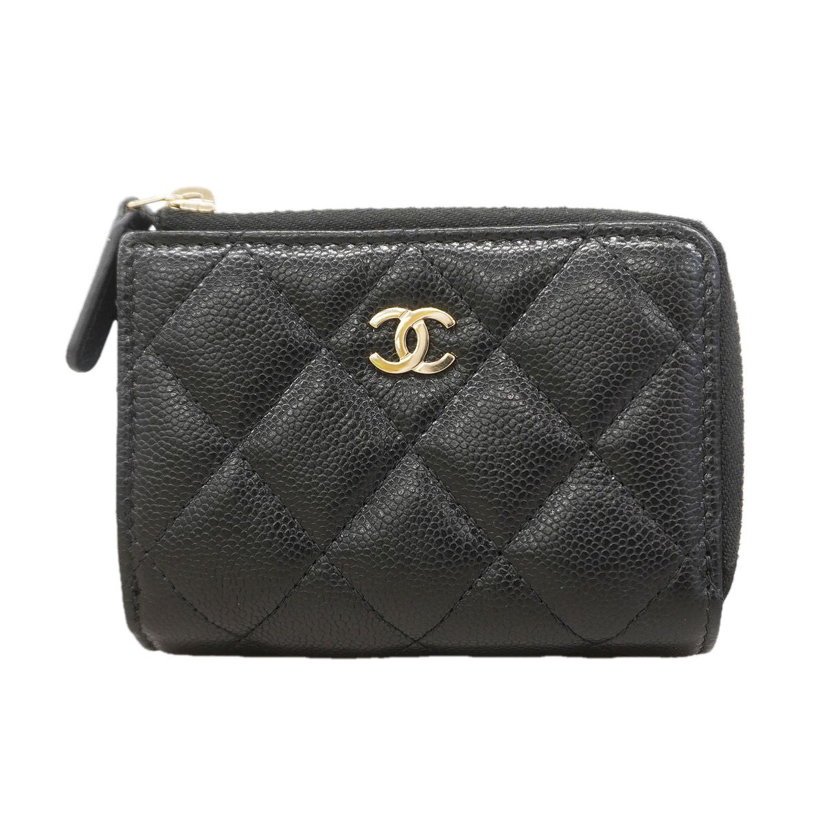Chanel Trifold Wallet Quilted Caviar Leather Black Champagne Gold
