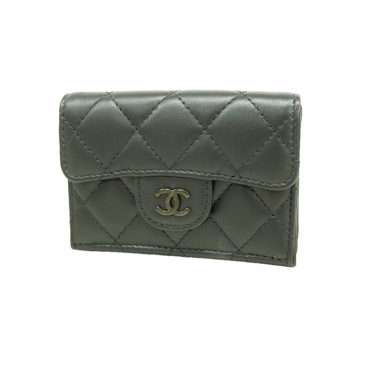 Chanel Trifold Wallet Quilted Lambskin Black Silver