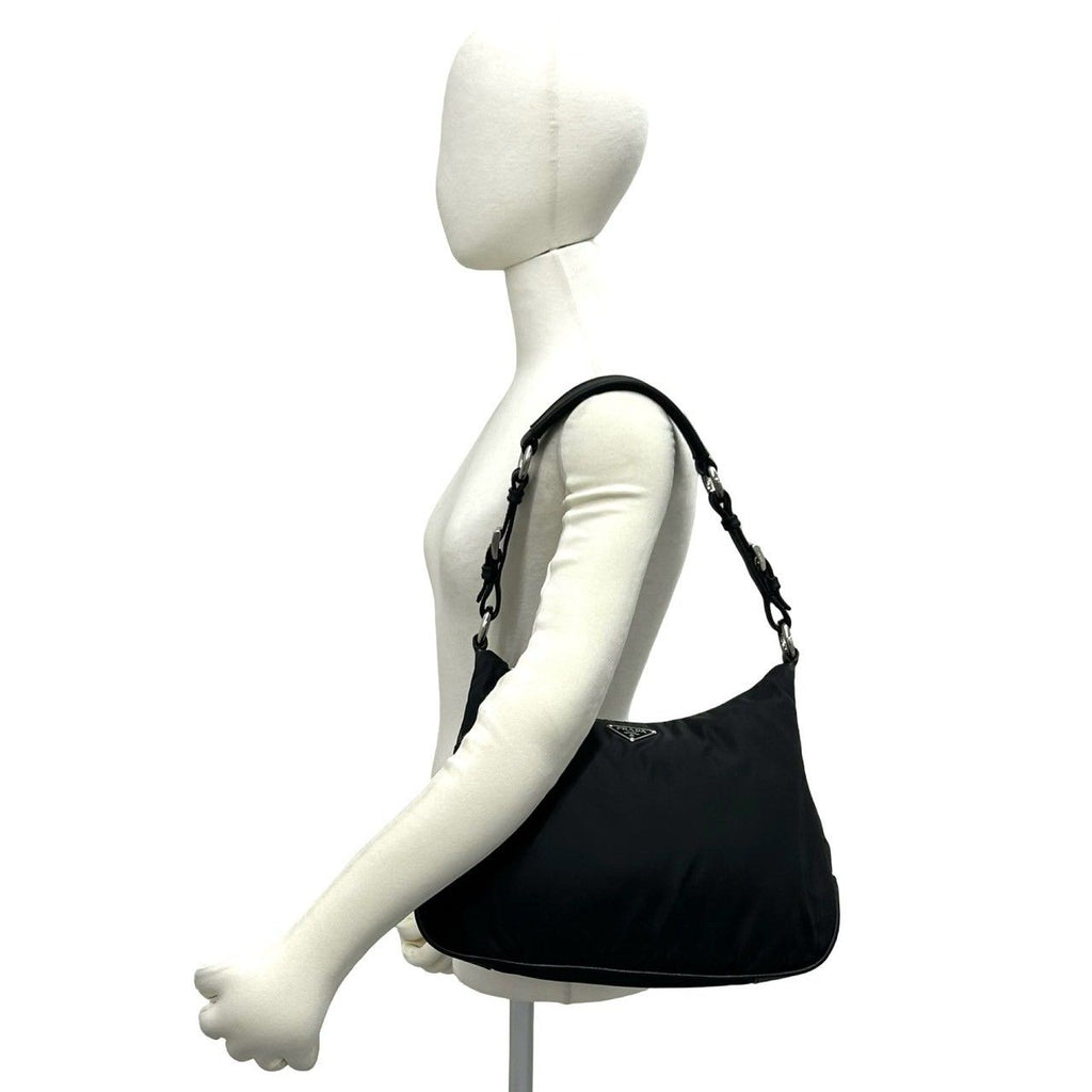 Prada Triangle Logo Tessuto Nylon Leather Shoulder Bag Black — view 2